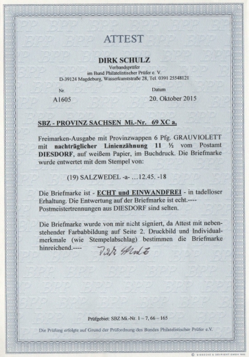 SBZ, Provinz Sachsen, 1945, Mi.- Nr.: 69a XC, gestempelt, F.- Attest Dr. Jasch BPP: e + e! Luxusstück! Sehr selten! RRR!