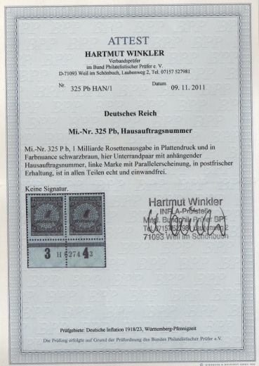 DR, Infla, 1923, Mi.- Nr.: 325 (2) Pb, HAN! Fotoattest Winkler BPP: echt und einwandfrei! Luxusstück! Sehr selten! RRR!