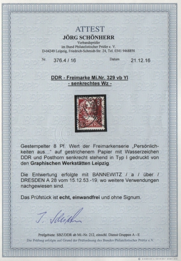 DDR, 1953, Mi.- Nr.: 329 vb YI, gestempelt, Fotoattest Schönherr BPP: e + e! Qualitätsstück! Sehr selten! RRR!