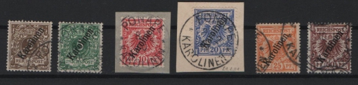 Dt. Kolonien, Karolinen, 1900, Mi.- Nrn.: 1 II - 6 II, gestempelt / auf Briefststk.! Mi.- Nrn.: 4- 6 geprüft Bothe (BPP)! Selten!