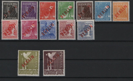Berlin, 1949, Mi.- Nrn.: 21- 34, der Rot- Aufdruck- Satz, **, kpl. Satz, je tiefstgeprüft Schlegel BPP! Luxussatz!