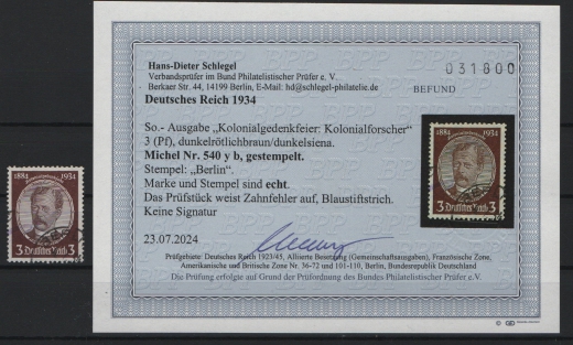 III. Reich, 1934, Mi.- Nr.: 540 y b, gestempelt, akt. Befund Schlegel BPP; echt und ....! Bedarfsstück!