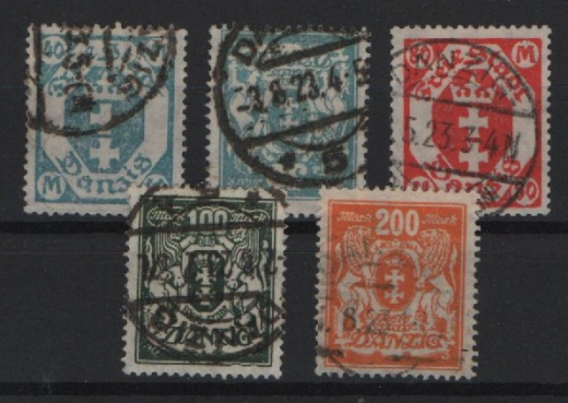 Danzig, 1923, Mi.- Nrn.: 138- 42, bedarfsgestempelt, je im Block geprüft Infla Berlin! Selten!