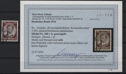 III. Reich, 1934, Mi.- Nr.: 540 y b, gestempelt, akt. Befund Schlegel BPP; echt und ....! Bedarfsstück!