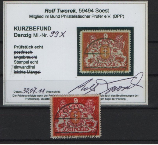 Danzig, 1922, Mi.- Nr.: 99 X, gestempelt, KB Tworek BPP; e+e! Qualitätsstück! Selten!