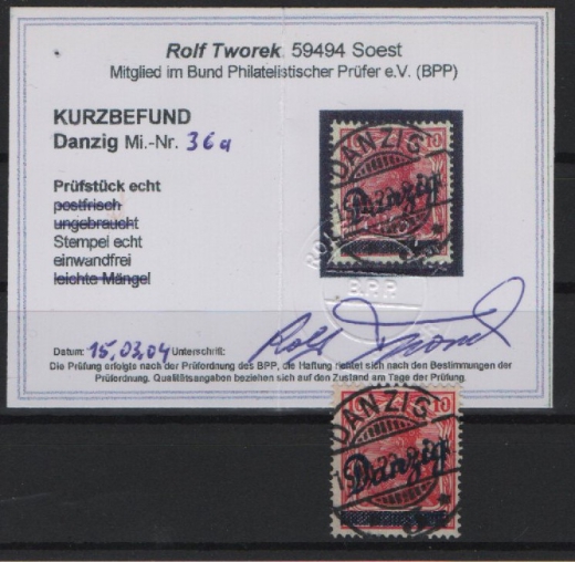 Danzig, 1920, Mi.- Nr.: 36 a, gestempelt, KB Tworek BPP; e+e! Qualitätsstück! Selten!
