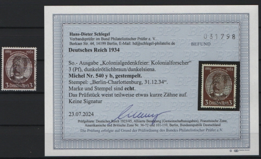 III. Reich, 1934, Mi.- Nr.: 540 y b, gestempelt, akt. Befund Schlegel BPP; echt und ....! Bedarfsstück!