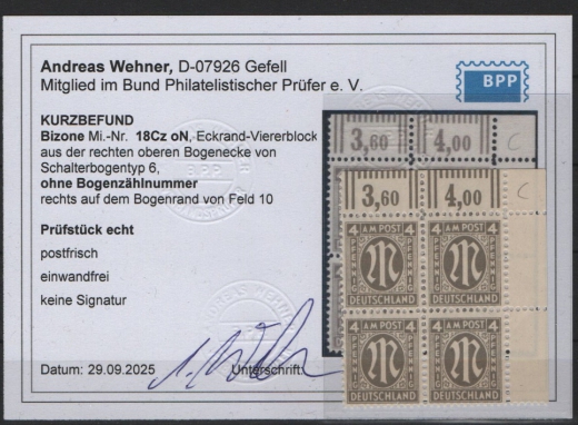 Bizone, AM- Post, 1945, Mi.- Nr.: 18 Cz oN, im ER- 4er Block, **, akt. Befund Wehner BPP; e+e! Luxusstück! Selten!