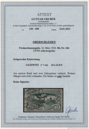Dt. Abstimmungsgebiete, Oberschlesien, 1920, Mi.- Nr.: 24 b, gestempelt,  FA Gruber BPP! Gute Kabinetterhaltung, selten!
