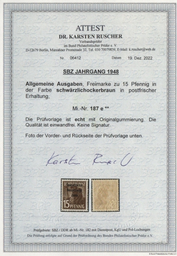 SBZ, Allgemeine Ausgaben, 1948, Mi.- Nr.: 187 e!, **, akt. FA Dr. Ruscher BPP, echt + e! Luxusstück! Sehr selten!