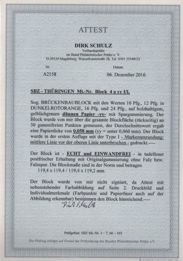 Thüringen, 1946, Bl. 4 a yy I/I (dünnes Papier!), **, FA Schulz BPP: echt + einwandfrei, Luxusstück! Sehr selten!