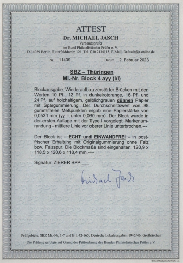 Thüringen, 1946, Bl. 4 a yy I/I (dünnes Papier!), **, akt. FA Dr. Jasch BPP: e + e, Luxusstück! Sehr selten! RRR!