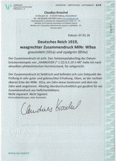 DR, Germania / Infla, 1919, Zusammendrucke, Mi.- Nr.: W 9 aa, gestempelt! Akt. FA Kroschel VPeV / VPEX! Bedarf! Selten!