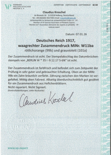 DR, Germania / Infla, 1917, Zusammendrucke, Mi.- Nr.: W 11 ba, gestempelt! Akt. FA Kroschel VPeV / VPEX! Bedarf! Selten!