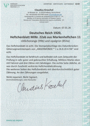 DR, Germania / Infla, 1920, Zusammendr. / HBL., Mi.- Nr.: HBl. 22 ab, gestempelt! Akt. FA Kroschel VPeV / VPEX! Bedarf! Selten!