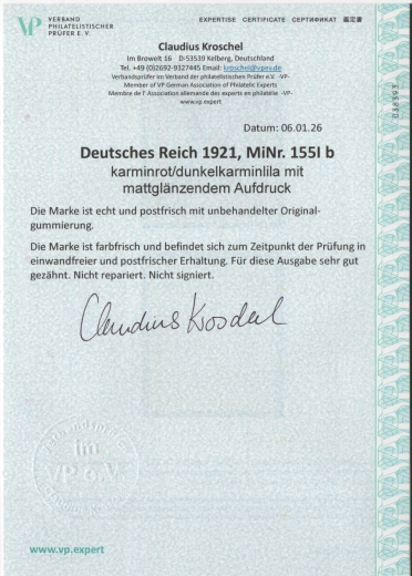 DR, Germania / Infla, 1921, Mi.- Nr.: 155 I b, **! Akt. FA Kroschel VPeV / VPEX: e + e! Luxusstück! Selten!