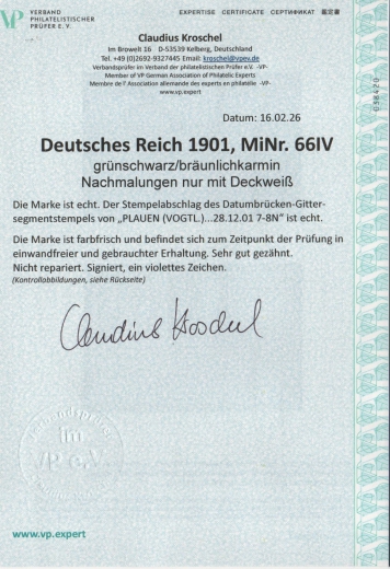 DR, Germania- Reichspost, Mi.- Nr.: 66, Type IV, gestempelt, akt. FA Kroschel VP / VPEX; e+e! Qualitätsstück! Selten!