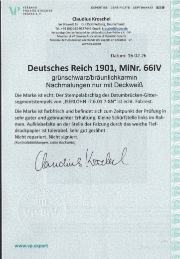 DR, Germania- Reichspost, Mi.- Nr.: 66, Type IV, gestempelt, akt. FA Kroschel VP / VPEX; e+...! Bedarfsstück! Selten!