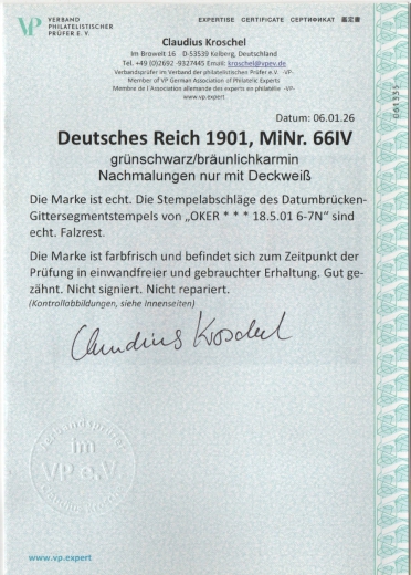 DR, Germania- Reichspost, Mi.- Nr.: 66, Type IV, gestempelt, akt. FA Kroschel VP / VPEX; e+e! Qualitätsstück! Selten!