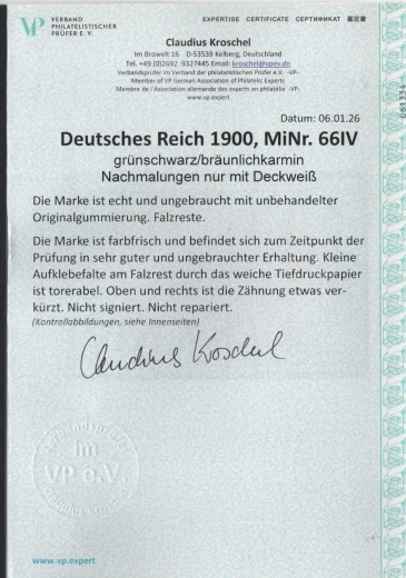 DR, Germania- Reichspost, Mi.- Nr.: 66, Type IV, */ungebraucht, akt. FA Kroschel VP / VPEX; e+...! Kabinettstück! Selten!