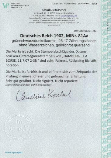 DR, Germania, ohne Wz., 1904, Mi.- Nr.: 81 Aa, gestempelt, akt. FA Kroschel VPeV / VPEX : e+e, Qualitätsstück! Selten!