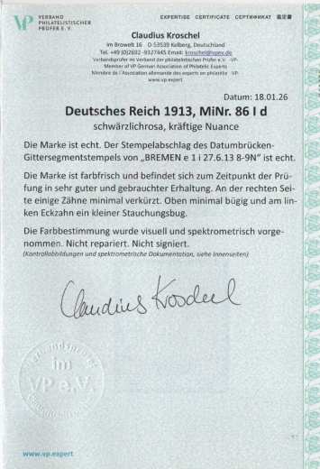 DR, Germania Friedensdruck, 1913 Mi.- Nr.: 86 I d, gestempelt, akt FA Kroschel VPeV /VPEX, e + ... Bedarfsstück! Sehr selten!