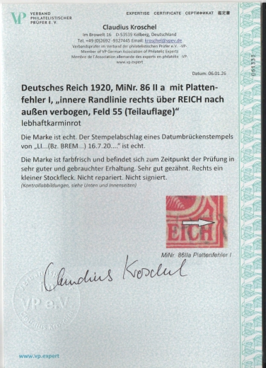 Dt. Kaiserreich, 1920, Mi.- Nr.: 86 IIa mit Plf I (!), gestempelt, akt. FA Kroschel VPEX, e + ...! Kabinettstück! Sehr selten!