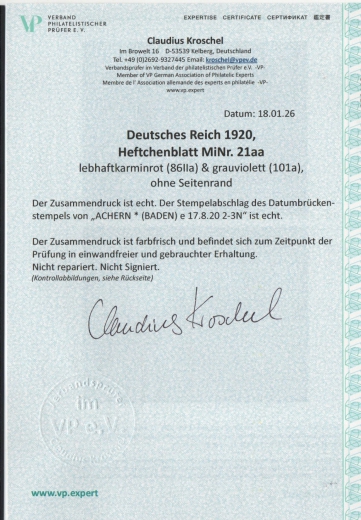 DR, Germania, 1920, HBL, Mi.- Nr.: 21 aa, gestempelt, akt. FA Kroschel VPeV/ VPEX, e + e! Gutes Bedarfsstück! Selten!