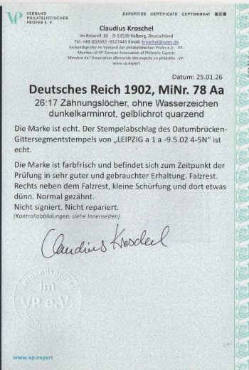 Dt. Kaiserreich, 1902, Germania o. Wz., Mi.- Nr.: 78 Aa, gestempelt, akt. FA Kroschel VP / VPEX; e+ ...! Bedarfsstück! Selten! R!