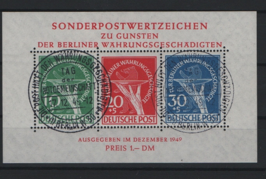 Berlin, 1949, Mi.- Nr.: Bl. 1, gestempelt mit Ersttags- Sonderstempel, mit akt. Fotoattest Schlegel BPP! e+e! Luxusstück!