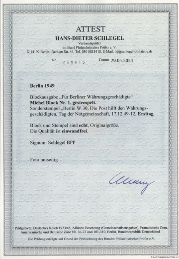 Berlin, 1949, Mi.- Nr.: Bl. 1, gestempelt mit Ersttags- Sonderstempel, mit akt. Fotoattest Schlegel BPP! e+e! Luxusstück!