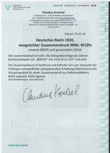 DR, Germania, 1920, Zusammendrucke, Mi.- Nr.: W12fa, gestempelt, akt. FA Kroschel VPeV/ VPEX, e + e! Luxusstück! Selten!