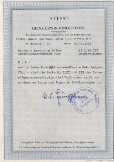 III. Reich, Dt. Bes. II. WK, G.G., 1944, unverausgabte Mi.- Nrn.: I, II, III, **, mit FA Jungjohann BPP; einwandfrei! Sehr selten!