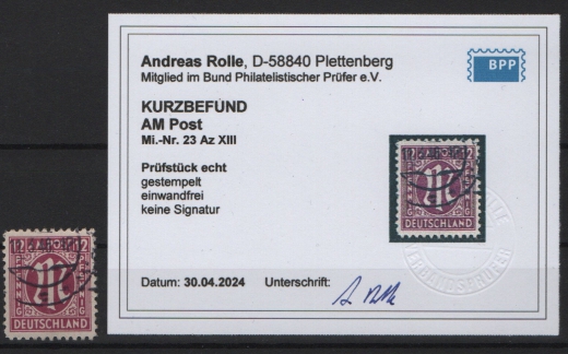Bizone, AM- Post, 1945, Mi.- Nr.: 23 Az (mit PlF XIII), gestempelt, akt. K.- Befund Rolle BPP; e+e! Luxusstück! Selten!