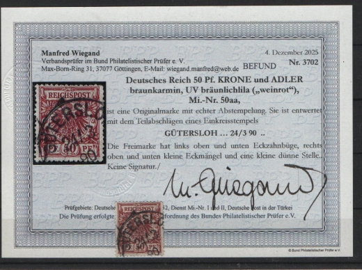 DR, Krone Adler, 1890, Mi.- Nr.: 50 aa, gestempelt, akt. Befund Wiegand BPP: echt + ...! Kabinett- / Bedarfsstück! Sehr selten!