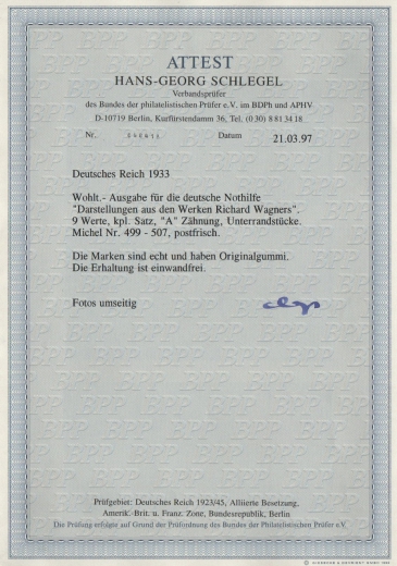 III. Reich, 1933, Mi.- Nrn.: 499- 507A, je mit einheitl. Ur., **, der Wagnersatz, mit FA Schlegel BPP; e + e! Luxussatz!