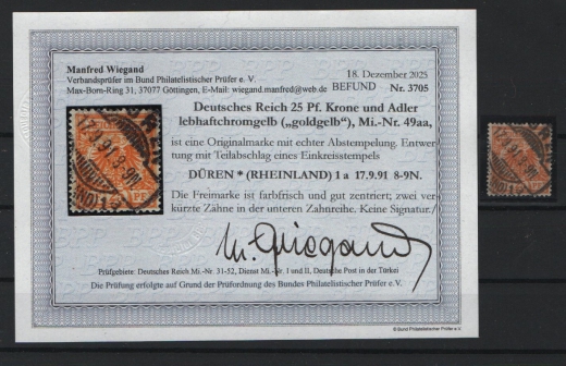 DR, Krone Adler, 1891, Mi.- Nr.: 49 aa, gestempelt, akt. Befund Wiegand BPP: echt + ...! Gutes Kabinett- / Bedarfsstück! Selten!