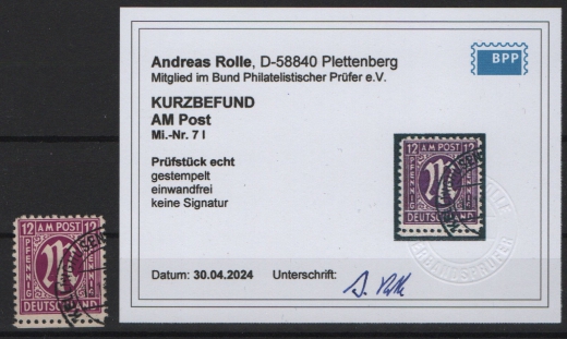 Bizone, AM- Post, 1945, Mi.- Nr.: 7 (mit Plf. I), gestempelt, akt. K.- Befund Rolle BPP; e+e! Luxusstück! Selten!