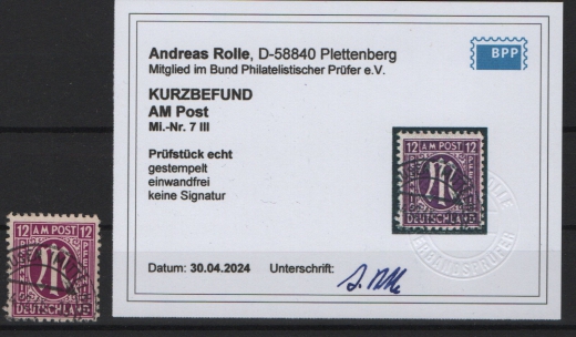 Bizone, AM- Post, 1945, Mi.- Nr.: 7 (mit Plf. III), gestempelt, akt. K.- Befund Rolle BPP; e+e! Luxusstück! Selten!