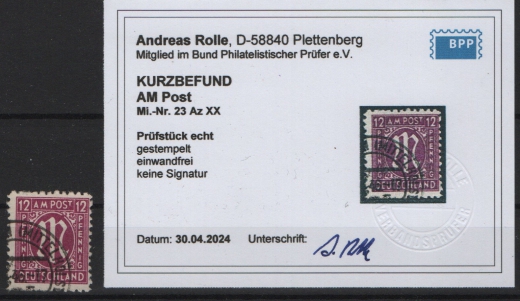 Bizone, AM- Post, 1945, Mi.- Nr.: 23 Az (mit Plf. XX), gestempelt, akt. K.- Befund Rolle BPP; e+e! Luxusstück! Selten!