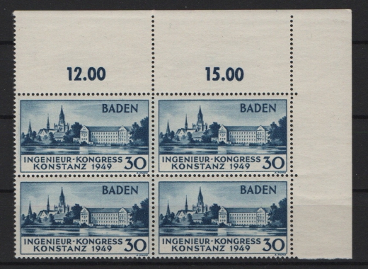 FRZ- Baden, 1949, Mi.- Nr.: 46 (4x) im ER- 4er- Block, **!