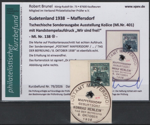 III. Reich / Dt. Bes. Sudetenland, 1938, Maffersdorf, Mi.- Nr.: 138, auf kl. Briefstk.! Akt. FB Brunel VPeV, : e+e! Selten!