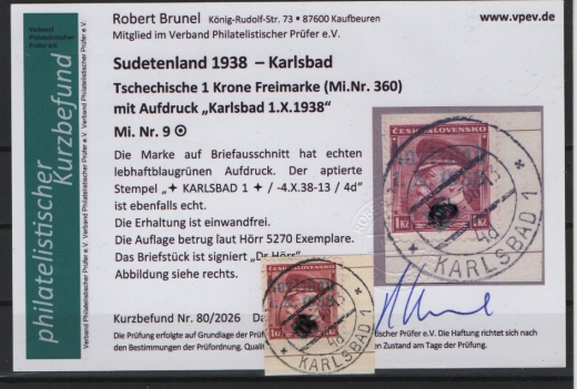 III. Reich / Dt. Bes. Sudetenland, 1938, Karlsbad, Mi.- Nr.: 9, auf kl. Briefstk.! Akt. FB Brunel VPeV, : e+e! Selten!
