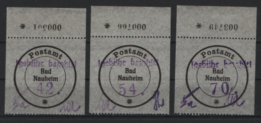 Lockalausgaben, West, 1945, Bad Nauheim, Mi.- Nrn.: A1- A3 (unverausgabte!), je mit OR mit Bogennr.! **! Luxusqualität! Selten!