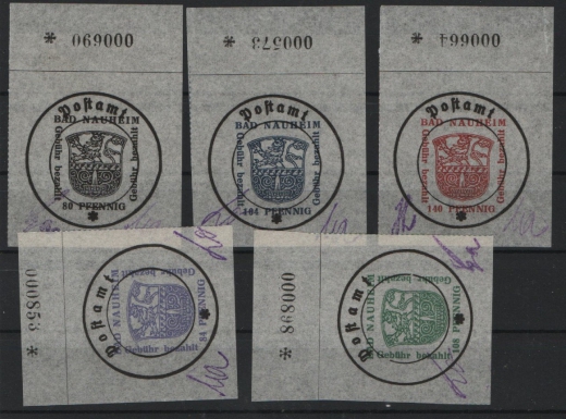 Lockalausgaben, West, 1945, Bad Nauheim, Mi.- Nrn.: 4- 8, je mit OR mit Bogennr.! **! Luxusqualität! Selten!