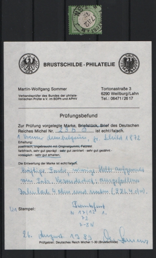 Dt. Kaiserreich, Brustschilder, 1872, Mi.- Nr.: 23 b FZL, gestempelt, Befund Sommer: echt + ....! Seltenes Bedarfsstück!