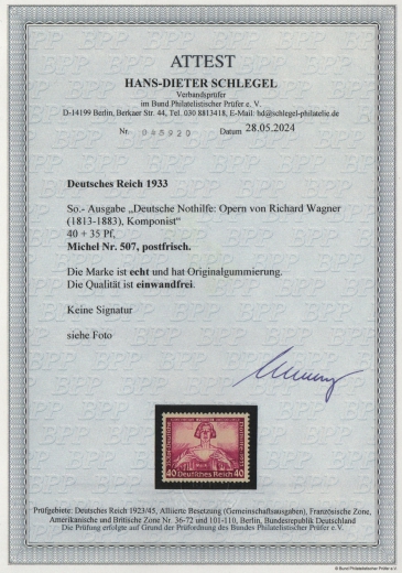III. Reich, 1933, Mi.- Nr.: 507, **, mit akt. Fotoattest Schlegel BPP; echt und einwandfrei! Luxusstück!