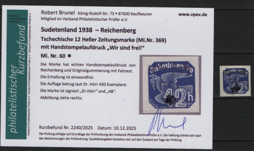 III. Reich / Dt. Bes. Sudetenland, 1938, Reichenberg, Mi.- Nr.: 60, *! Akt. FB Brunel VPeV. : e+e! Selten! Auflage: 430!