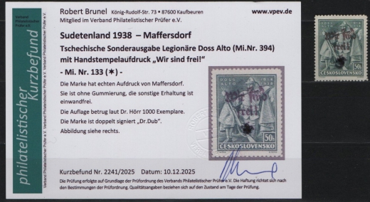 III. Reich / Dt. Bes. Sudetenland, 1938, Maffersdorf, Mi.- Nr.: 133, (*)! Akt. FB Brunel VPeV. : e+e! Selten! Auflage: 1000!