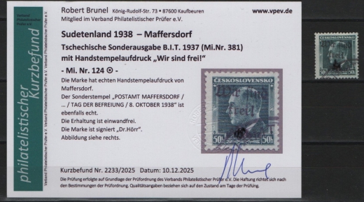III. Reich / Dt. Bes. Sudetenland, 1938, Maffersdorf, Mi.- Nr.: 124, gestempelt! Akt. FB Brunel VPeV. : e+e! Selten!